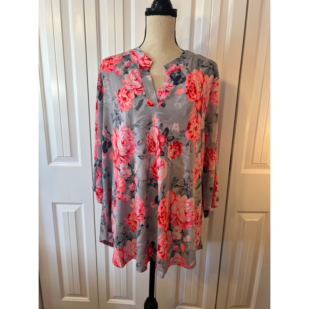 Dear Scarlett Pink Grey Floral Tunic Top XL LIZ-C0239P V-Neck Longline Blouse
